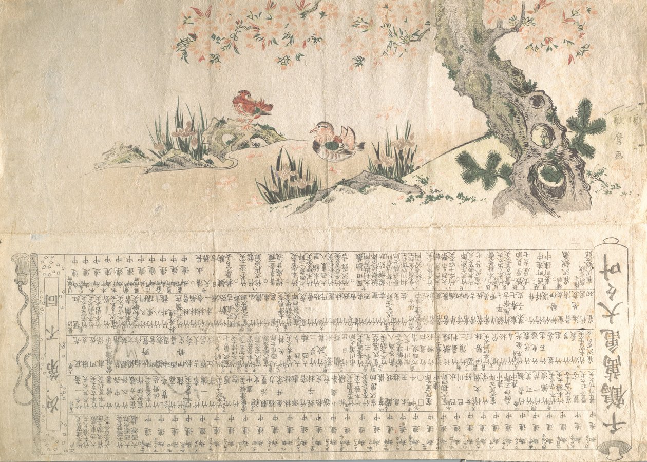 Mandarin Ducks in a Spring Landscape: Program for a Jururui Performance, ca. 1807.. av Utamaro II