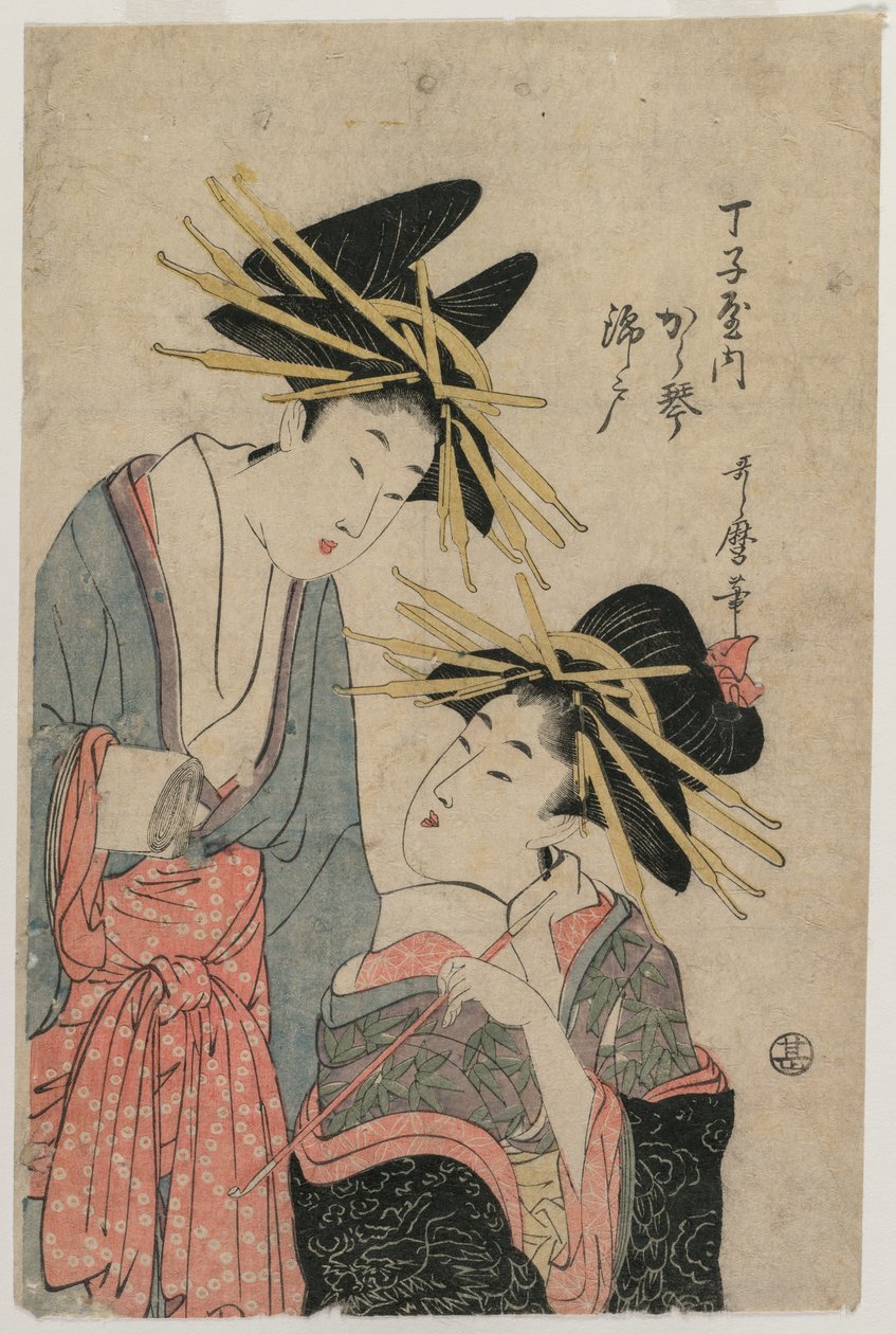 Courtesanene Karagoto og Nishikido fra Chojiya, sent på 1800-tallet. av Utamaro II
