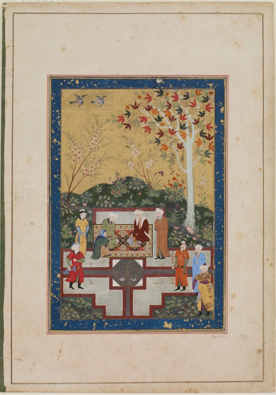 En gammel kvinne og to menn, ca. 1520-30 (blekk, ugjennomsiktig akvarell og gull på papir) av Uzbek School