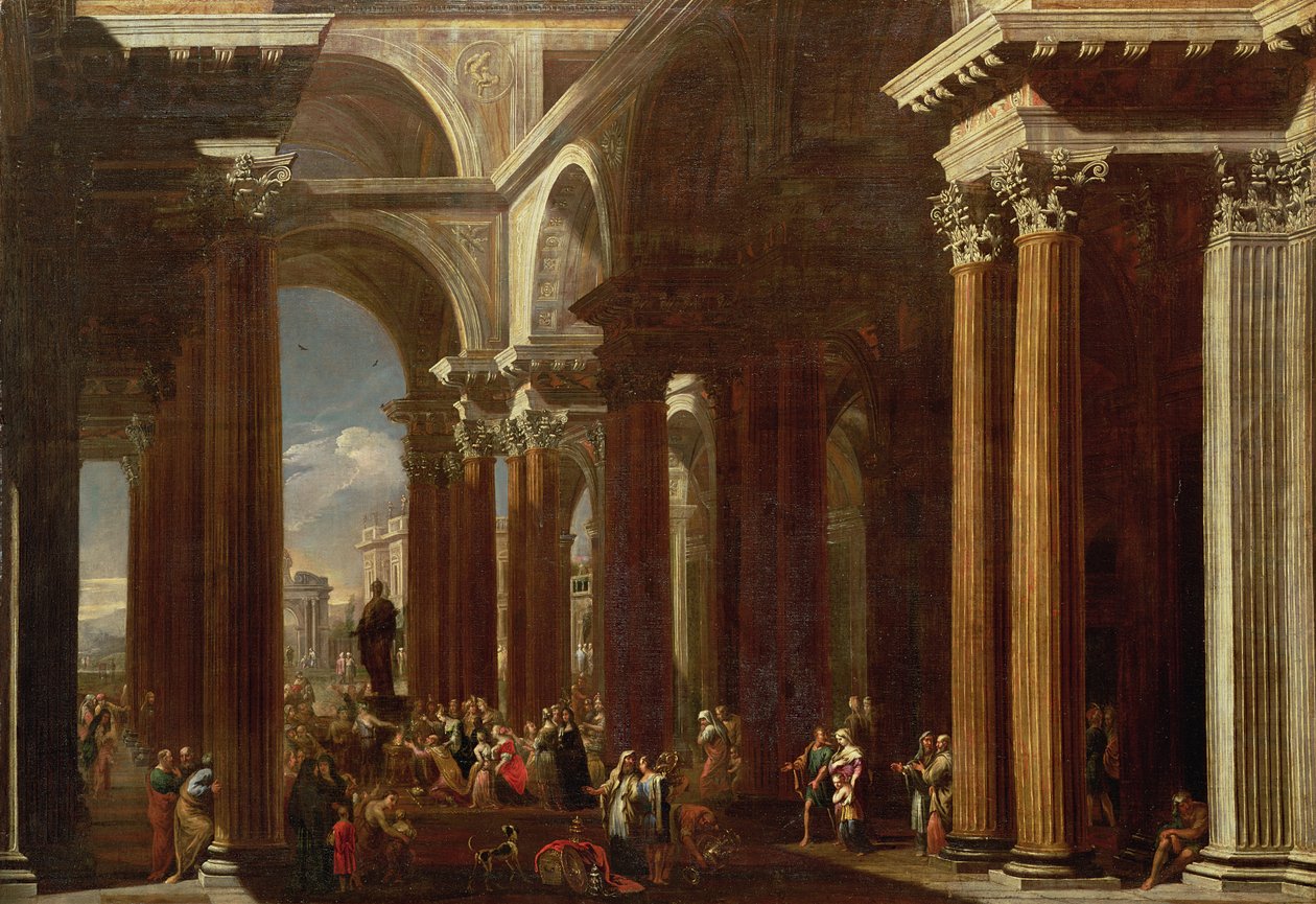 En arkitektonisk Capriccio med et romersk offer av V. and Gargiulo, D. Codazzi