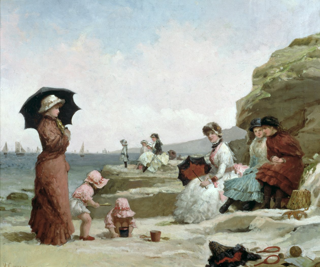 Seascape, figurer på stranden, ca. 1870 av V. Chavigny
