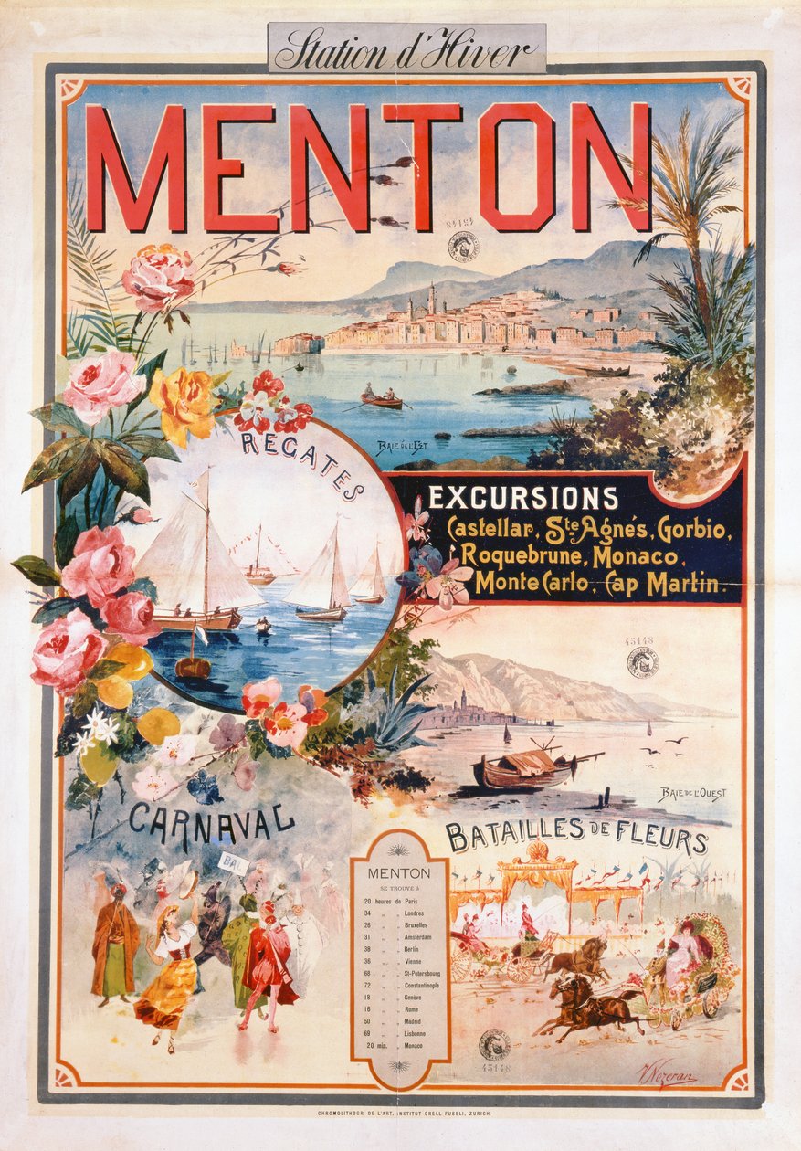 Plakat som annonserer Menton som et vinterferiested (chromolitho) av V. Nozeran