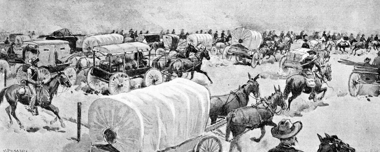 The Grand Rush ved middagstid den 16. september: Ser østover langs sørlinjen i Indian School Reserve, 1893 av V. Perard
