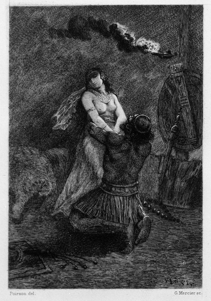 Han lå på kne, på gulvet, foran henne. Illustrasjon av VA Poirson (1890) for romanen "Salammbo" av Gustave Flaubert, som tar leiesoldatkrigen som en ramme på tidspunktet for den første puniske krigen (246–241 f.Kr.) mellom romerne og Kartago. av Victor Armand Poirson