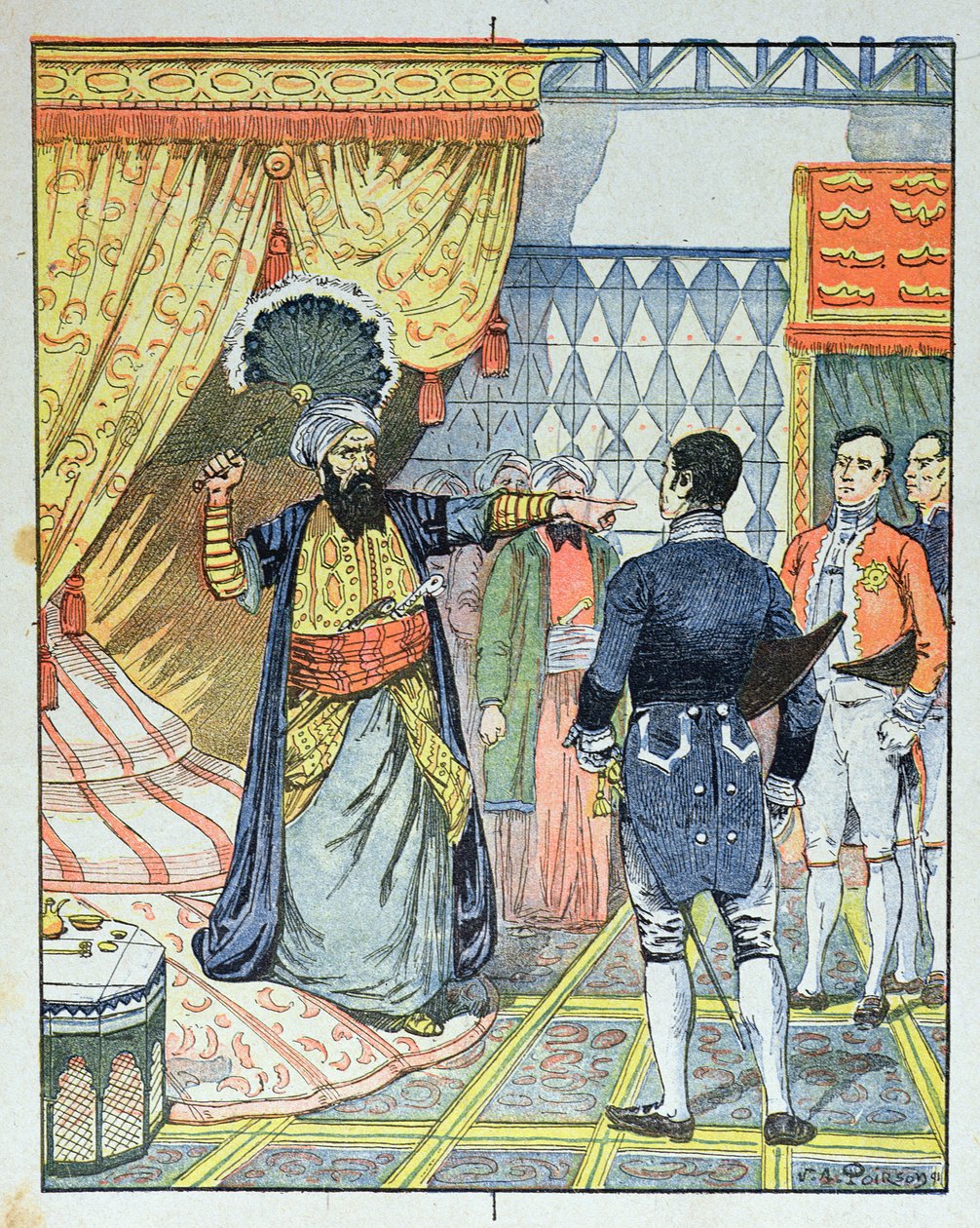 The Dey of Alger, Hussein ibn El Hussein slår den franske ambassadøren, M. Deval med en fan, 27. april 1827, omslag til en skolebok, 1891 av Victor Armand Poirson