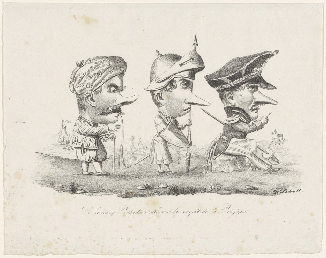 Tegneserie av Rotterdam-militsen, 1830 Les braves de Rotterdam allant à la conquête de la Belgique (tittel på objekt) av V. Dubrulle
