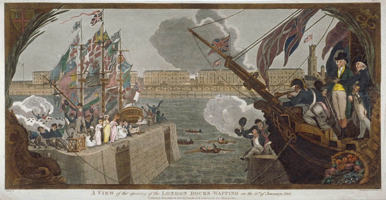 Åpningen av London Docks, Wapping, 1805 av V Woodthorpe