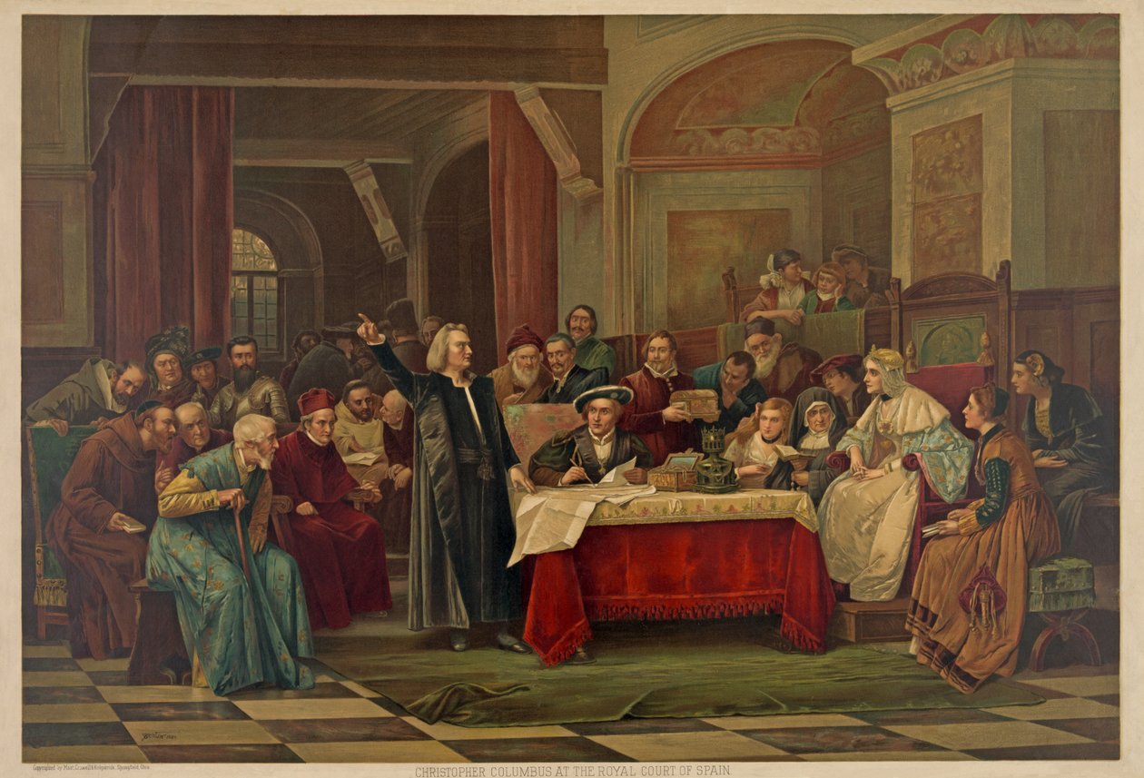 Christopher Columbus ved det kongelige hoff i Spania, pub.1884 av Vaclav Brozik