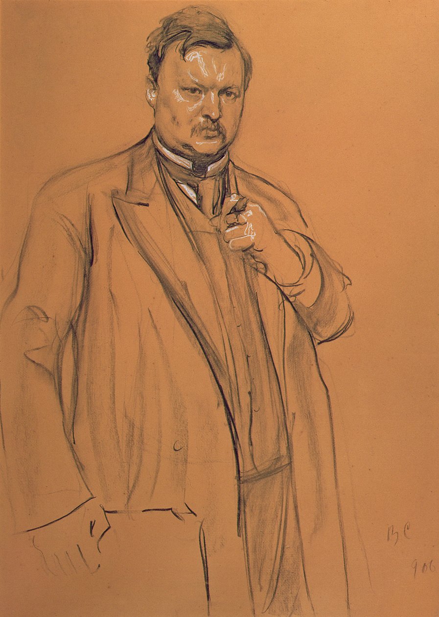 Portrett av komponisten Alekandr Konstantinovich Glazunov (1865-1936), 1906 (kritt og kull på papir) av Valentin Aleksandrovich Serov