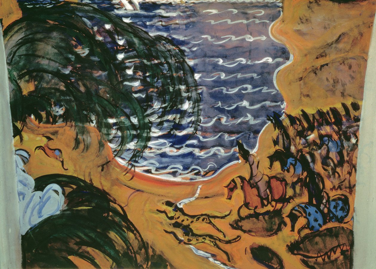 Skisse for design av et gardin for balletten Scheherazade, 1910 (tempera på papp) av Valentin Aleksandrovich Serov