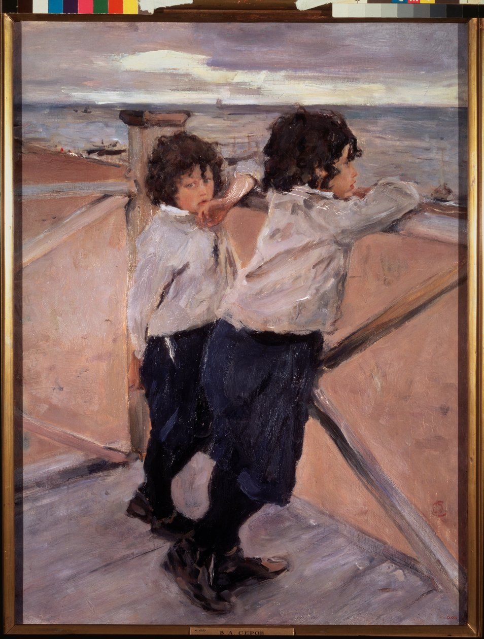 Barn. (To brødre, på en trepontong, foran Østersjøen). Maleri av Valentin Alexandrovich Serov (1865-1911), olje på lerret av Valentin Aleksandrovich Serov