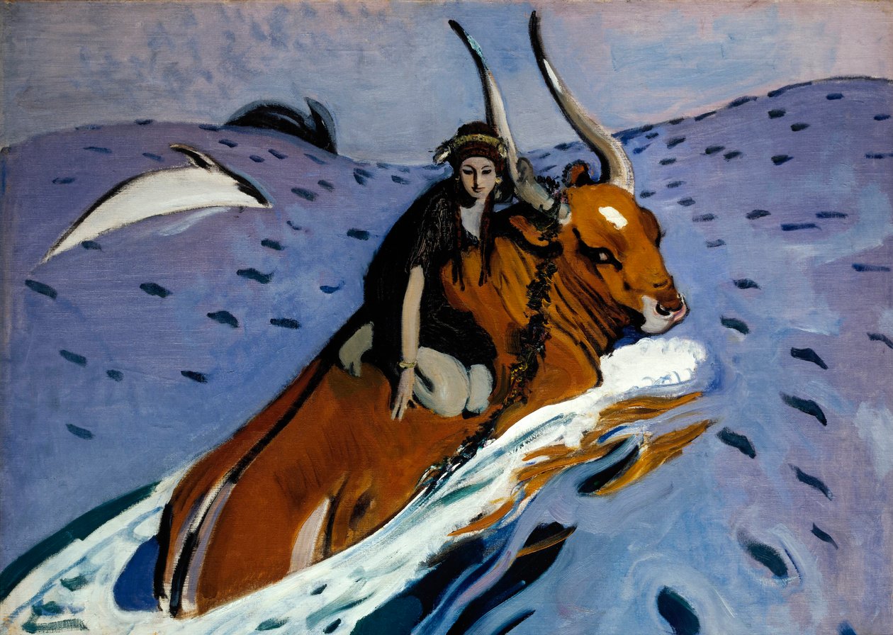 Bortføringen av Europa. Den vakre fønikiske prinsessen er på ryggen til Zevs, forvandlet til en okse, som tar henne med ut i havet, omgitt av delfiner. Maleri av Valentin Alexandrovich Serov (1865-1911), olje på lerret av Valentin Aleksandrovich Serov