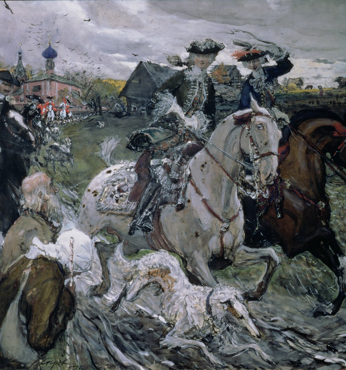 Peter II (1715-30) og Tsarevna Elizabeth (1709-62) Jakt, 1900 (tempera und gouache på papir) av Valentin Aleksandrovich Serov