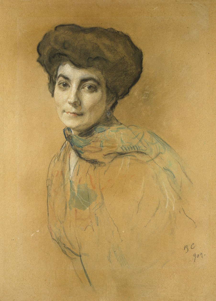 Portrett av Elena Ivanovna Roerich, 1909 (pastell & wc med innslag av kroppsfarge på lysebrunt papir) av Valentin Aleksandrovich Serov