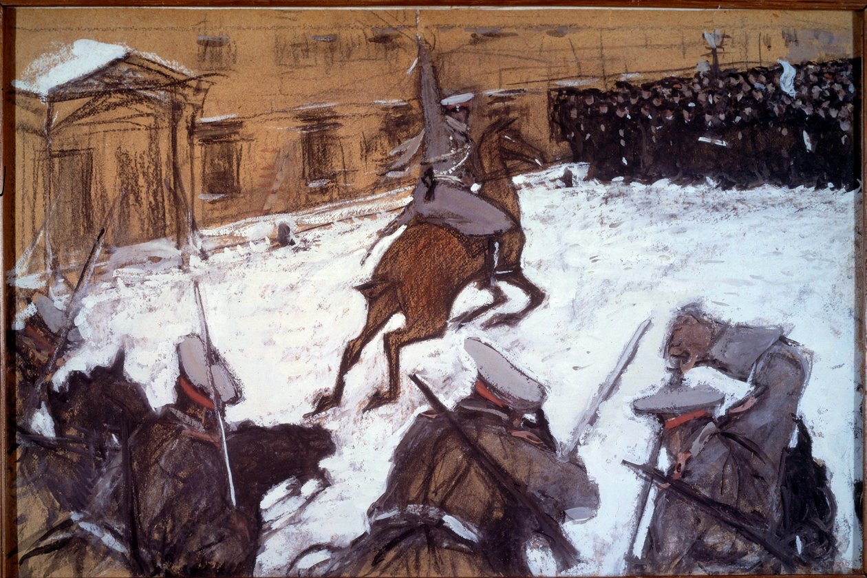Rød søndag (blodig søndag) i St. Petersburg: "" Militær undertrykkelse under 1905-demonstrasjonene i St. Petersburg""" kavaleriet til tsar Nicholas II anklager grevistene som kom fredelig for å protestere foran Vinterpalasset 22./ 01/1905 av Valentin Aleksandrovich Serov