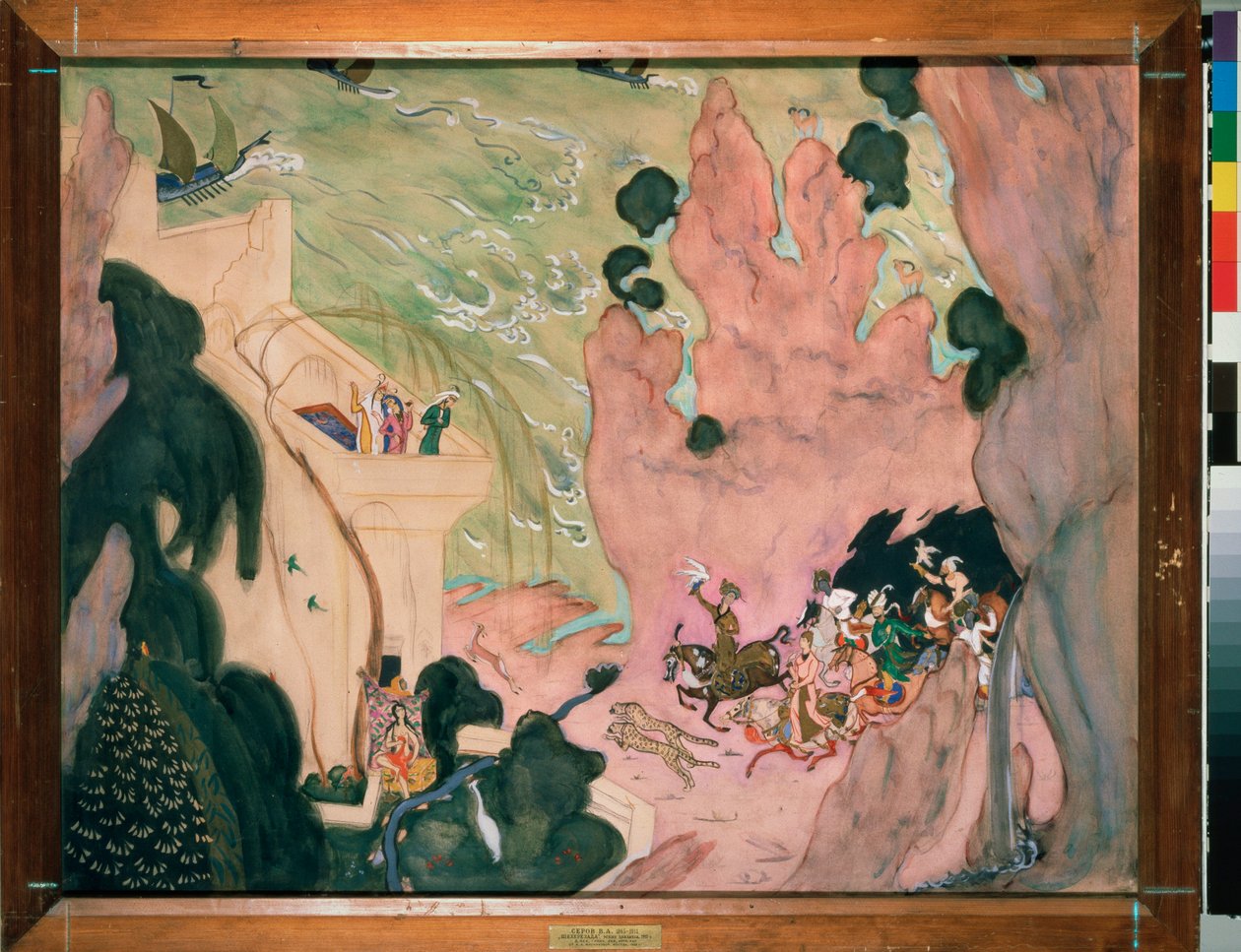 Forberedende gardin for balletten ""Sheherazade"" (Scheherazade) av Nicholas (Nikolai) Rimsky Korsakov (Rimsky-Korsakov) (1844-1908). Verk av Valentin Alexandrovich Serov (1865-1911), akvarell og gouache på papir av Valentin Aleksandrovich Serov