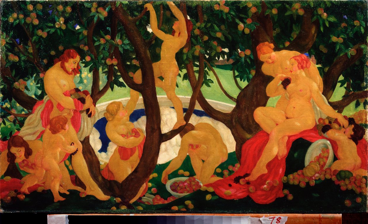 Sharing Apples (Gathering Aple) - Maleri av Valentin Alexandrovich Yakovlev (1887-1919), olje på lerret av Valentin Alexandrovich Yakovlev