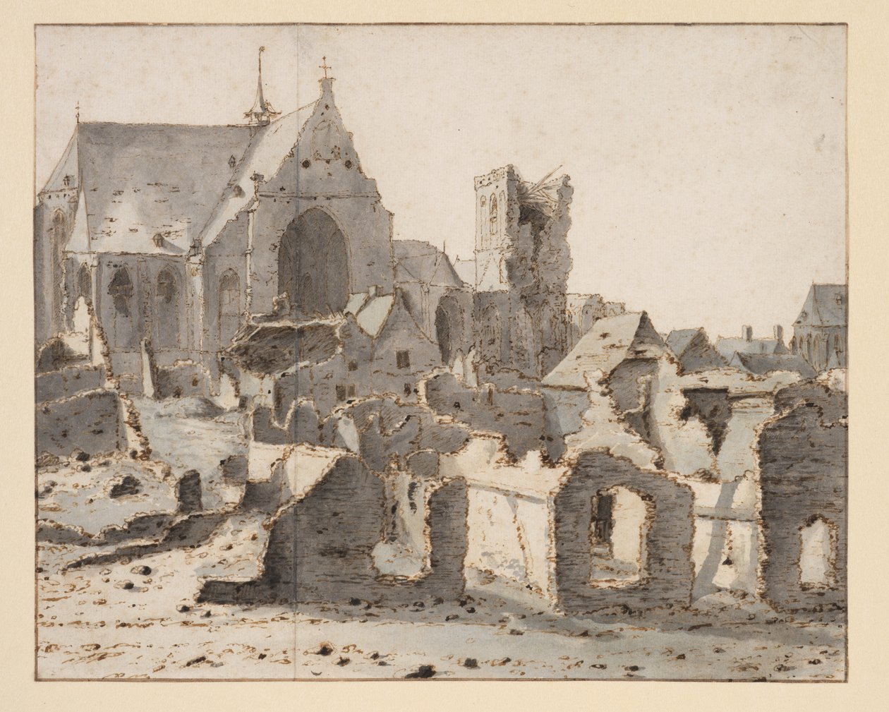 Utsikt over grav på Maas etter en beleiring, 2. mars 1675 (grafitt, penn og brunt blekk, gråblå vask på papir) av Valentin Klotz