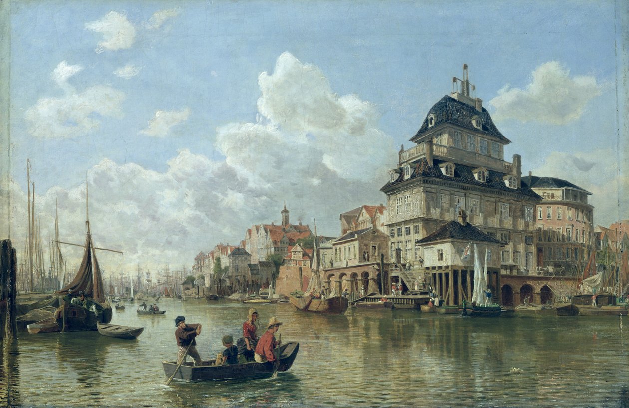 Båthuset ved Hamburg havn, 1850 av Valentin Ruths