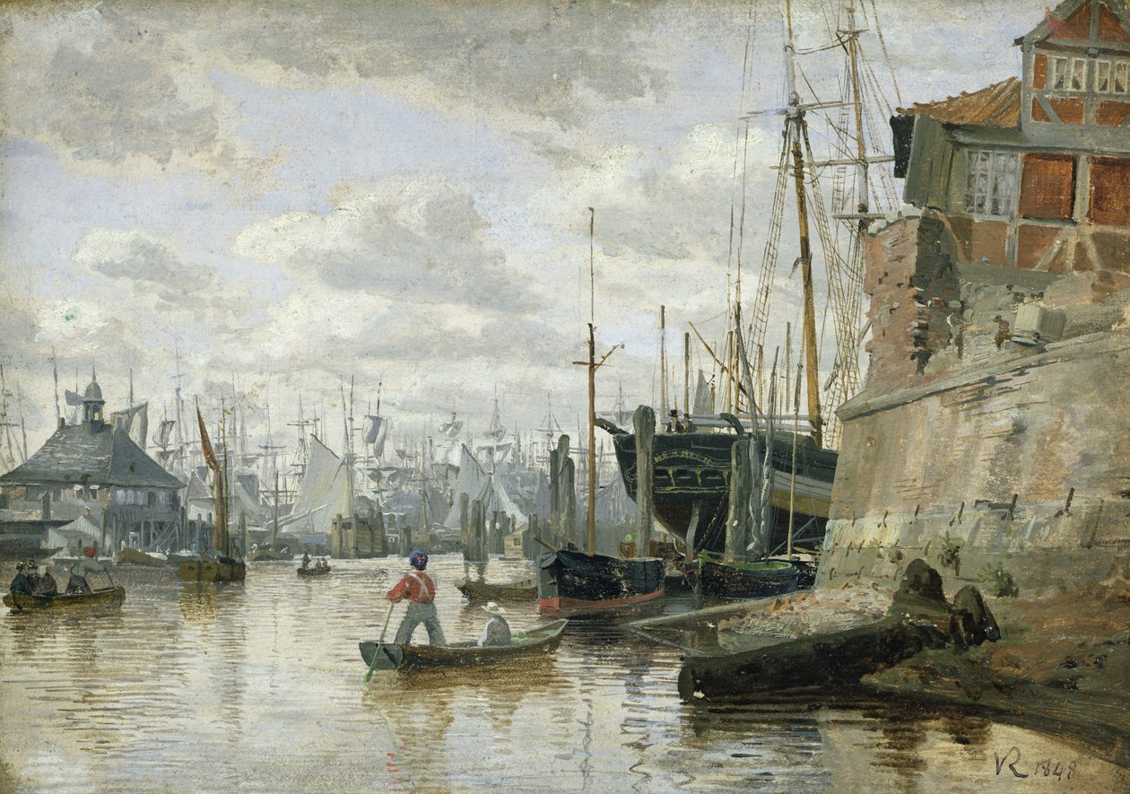 Tømmerhytta ved Hamburg havn, 1848 (olje på papir om bord) av Valentin Ruths