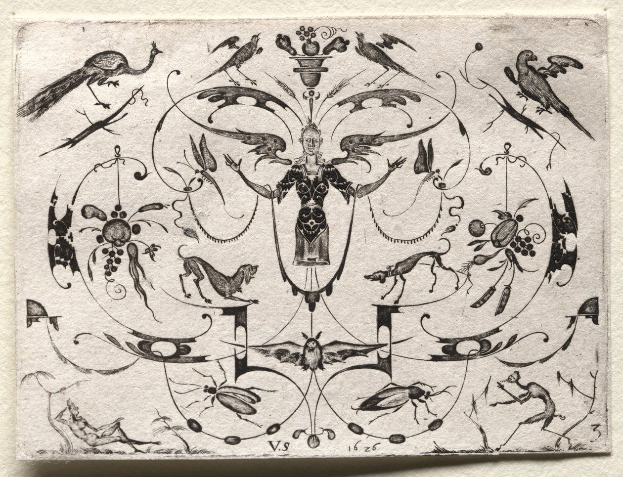 Arabesque med påfugl, parakitt, hunder og insekter, 1626. av Valentin Sezenius