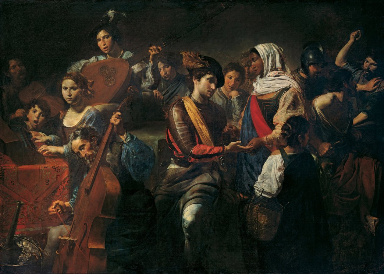 Godt selskap og spåkone. (Merry Company With Fortune Teller). Sjangerscene i en taverna, komposisjon med musikere (fiolin, cello, keyboard og lut), menn til bords som tilbereder drinken sin, spåkonen av Valentin de Boulogne