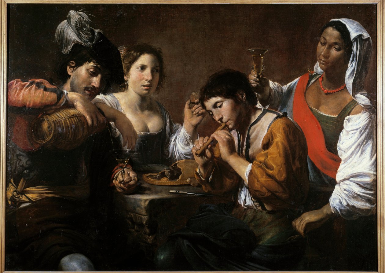 Møte i en kabaret Maleri av Valentin de Boulogne (1591-1632) 1600-tallet søn. 0,96x1,33 m av Valentin de Boulogne