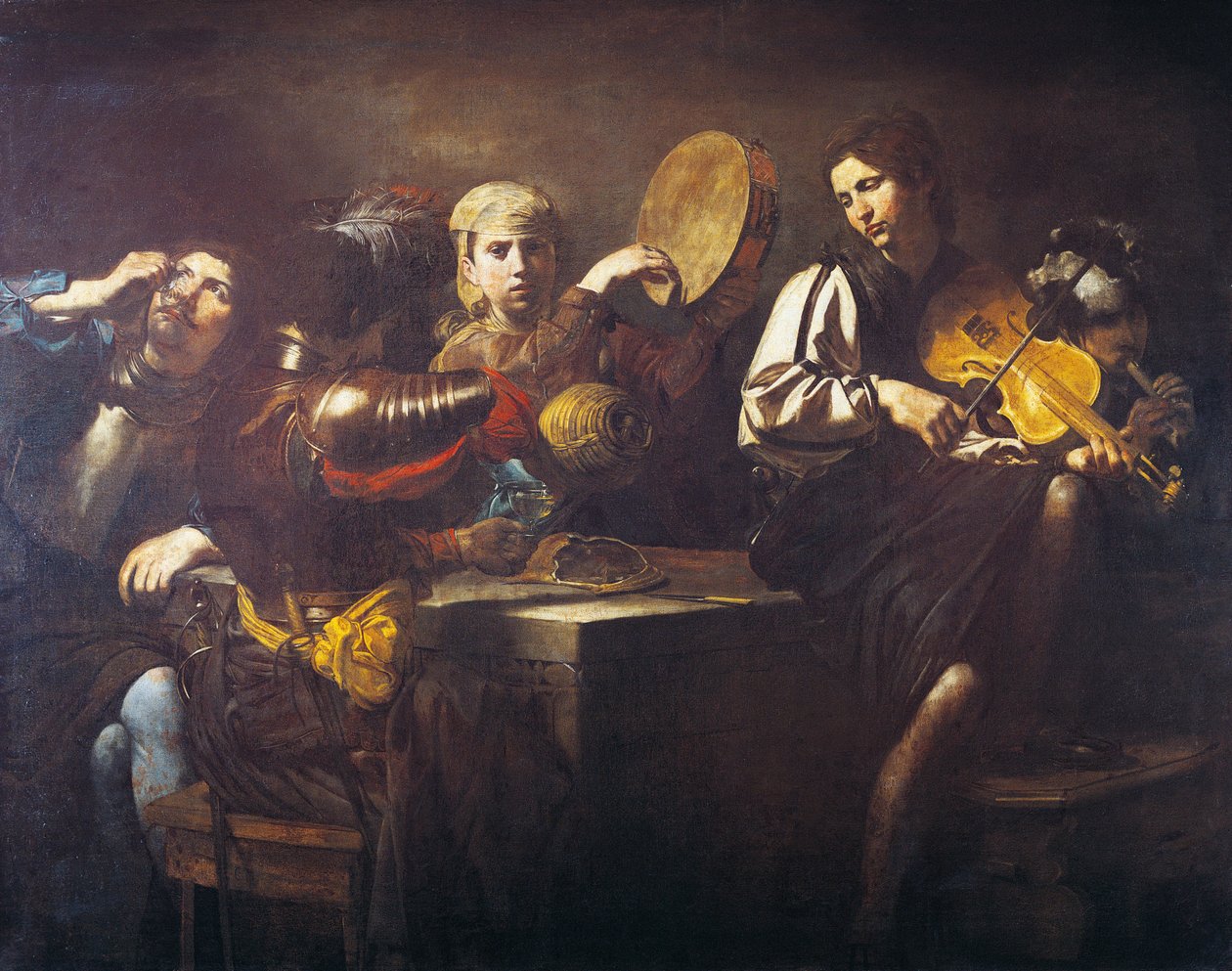 Musikere og soldater, rundt 1626, av Valentin de Boulogne (1591-1632), olje på lerret av Valentin de Boulogne
