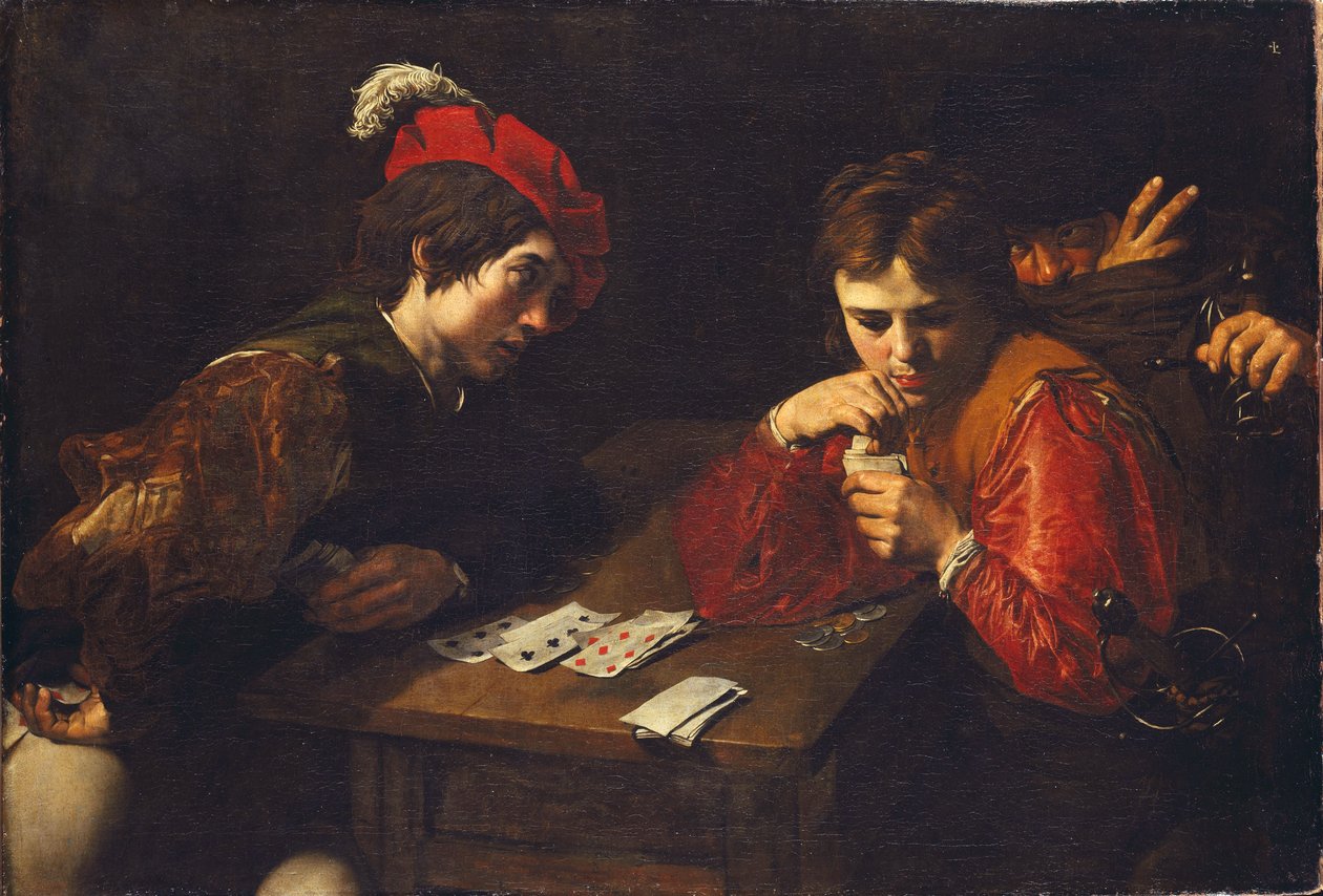 The Cardsharps, av Valentin de Boullogne (1591-1632). Olje på lerret, ca. 1615. Mål: 94,5x137 cm. Dresden statlige kunstsamlinger av Valentin de Boulogne