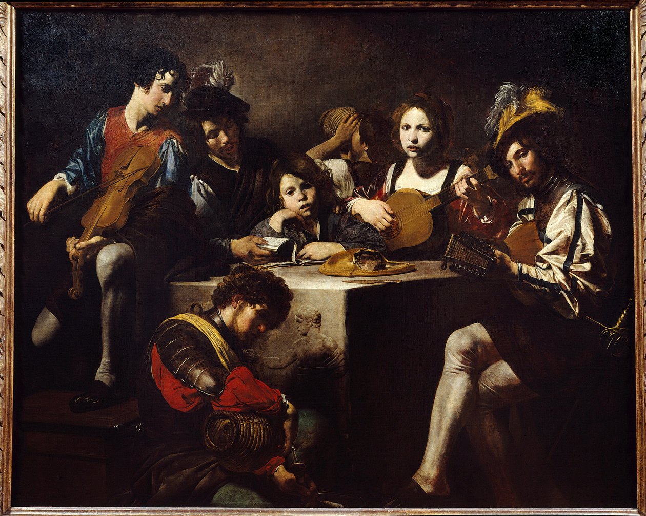 Lavrelieffkonserten. Musikere samlet seg rundt et skulpturert alter. Maleri av Valentin de Boulogne (1591-1632). Dim. 1,73 X 2,14m. av Valentin de Boulogne