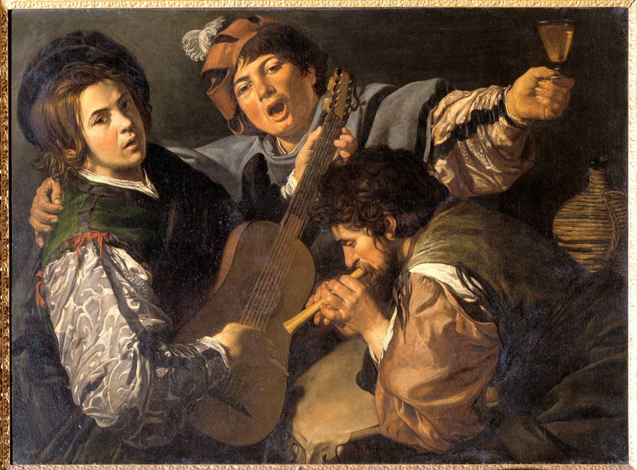 Tre menn som lager musikk, ca. 1616 (olje på lerret) av Valentin de Boulogne