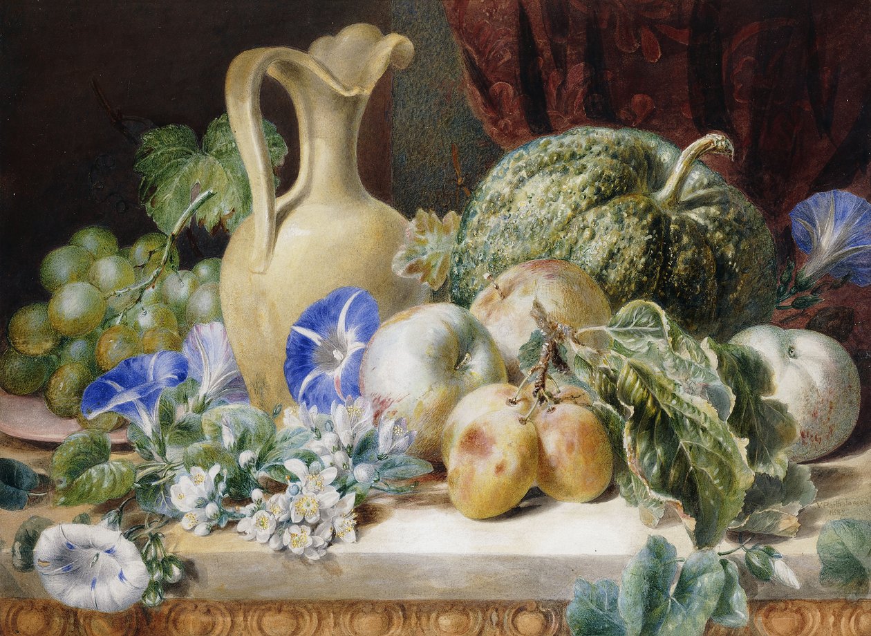 Et stilleben med kanne, epler, plommer, druer og blomster, av Valentine Bartholomew
