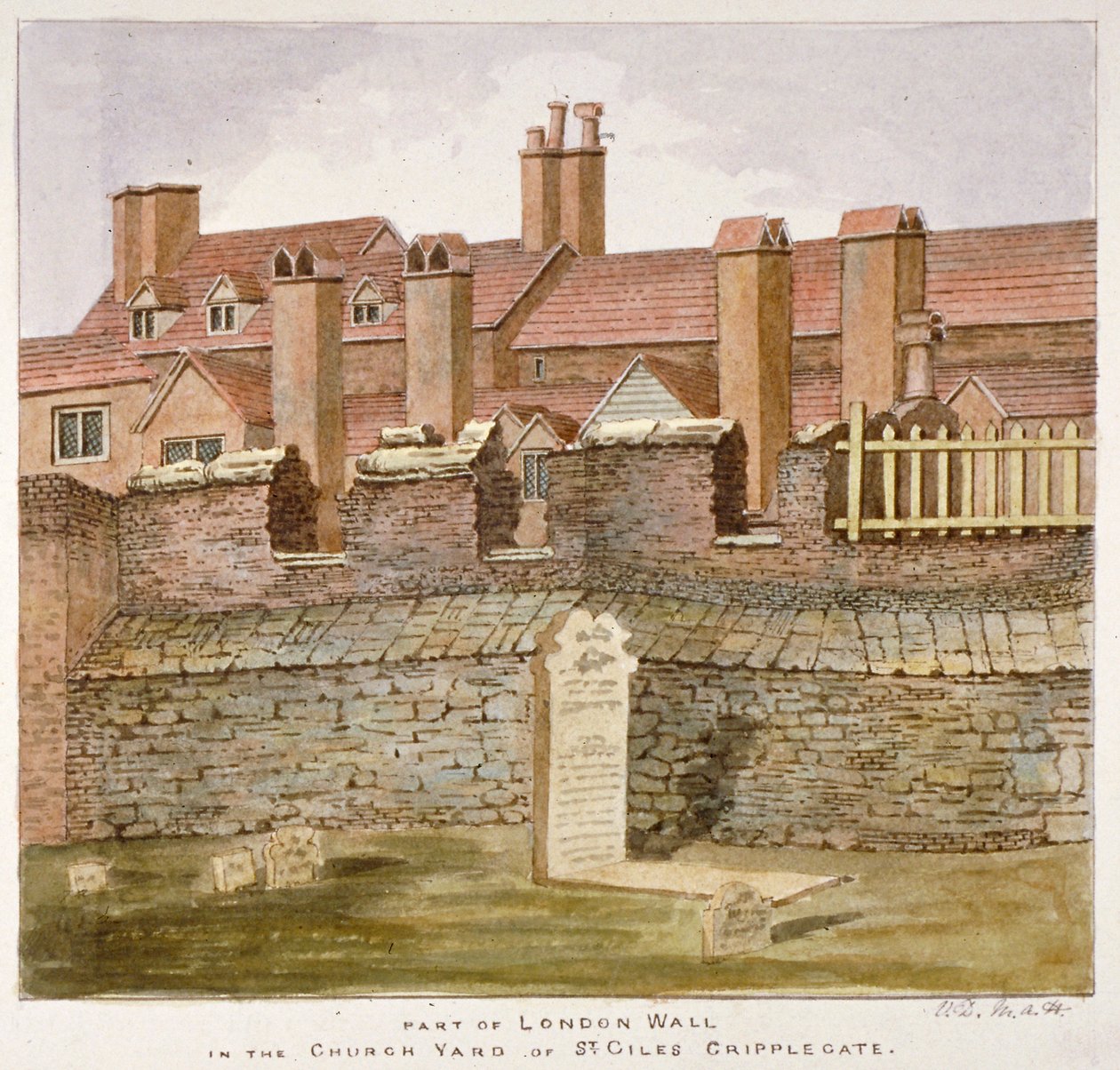 Rester av London Wall i kirkegården til St Giles uten Cripplegate, City of London, 1825 av Valentine Davis