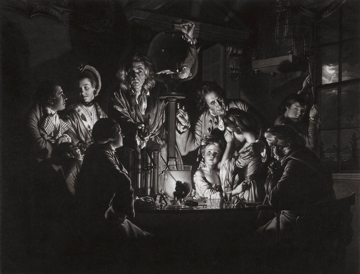 Et eksperiment på en fugl i luftpumpen etter Joseph Wright fra Derby, 1769. av Valentine Green