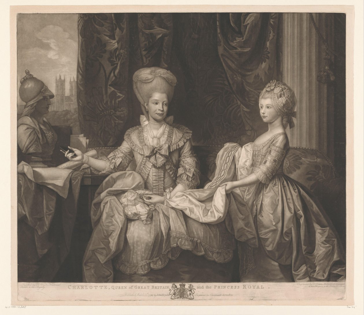 Portrett av Charlotte van Mecklenburg-Strelitz og datteren Charlotte Charlotte, dronning av Storbritannia, og Princess Royal (tittel på objekt) av Valentine Green