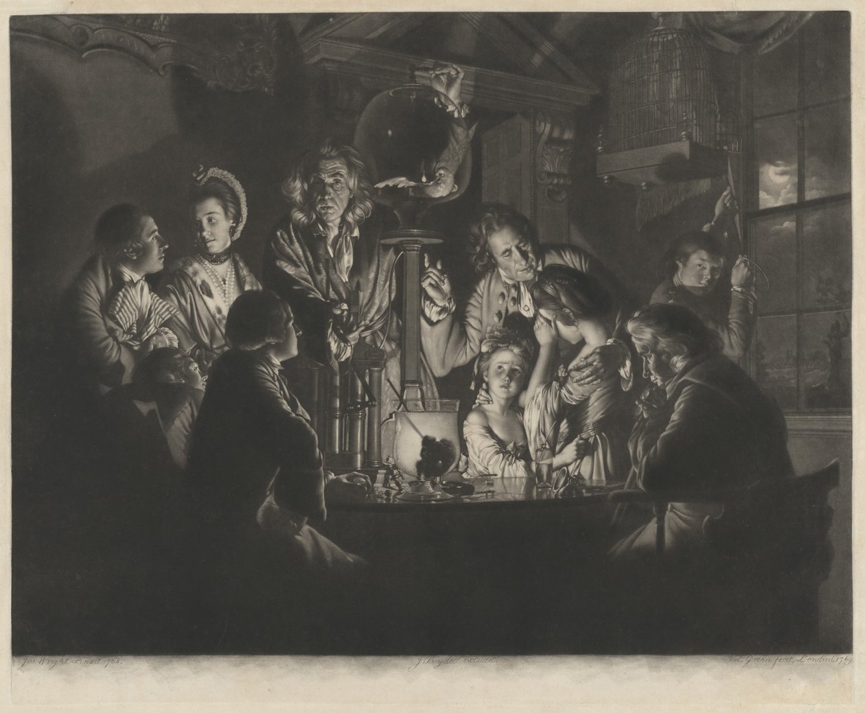 En filosof som viser et eksperiment på luftpumpen av Valentine Green after Joseph Wright