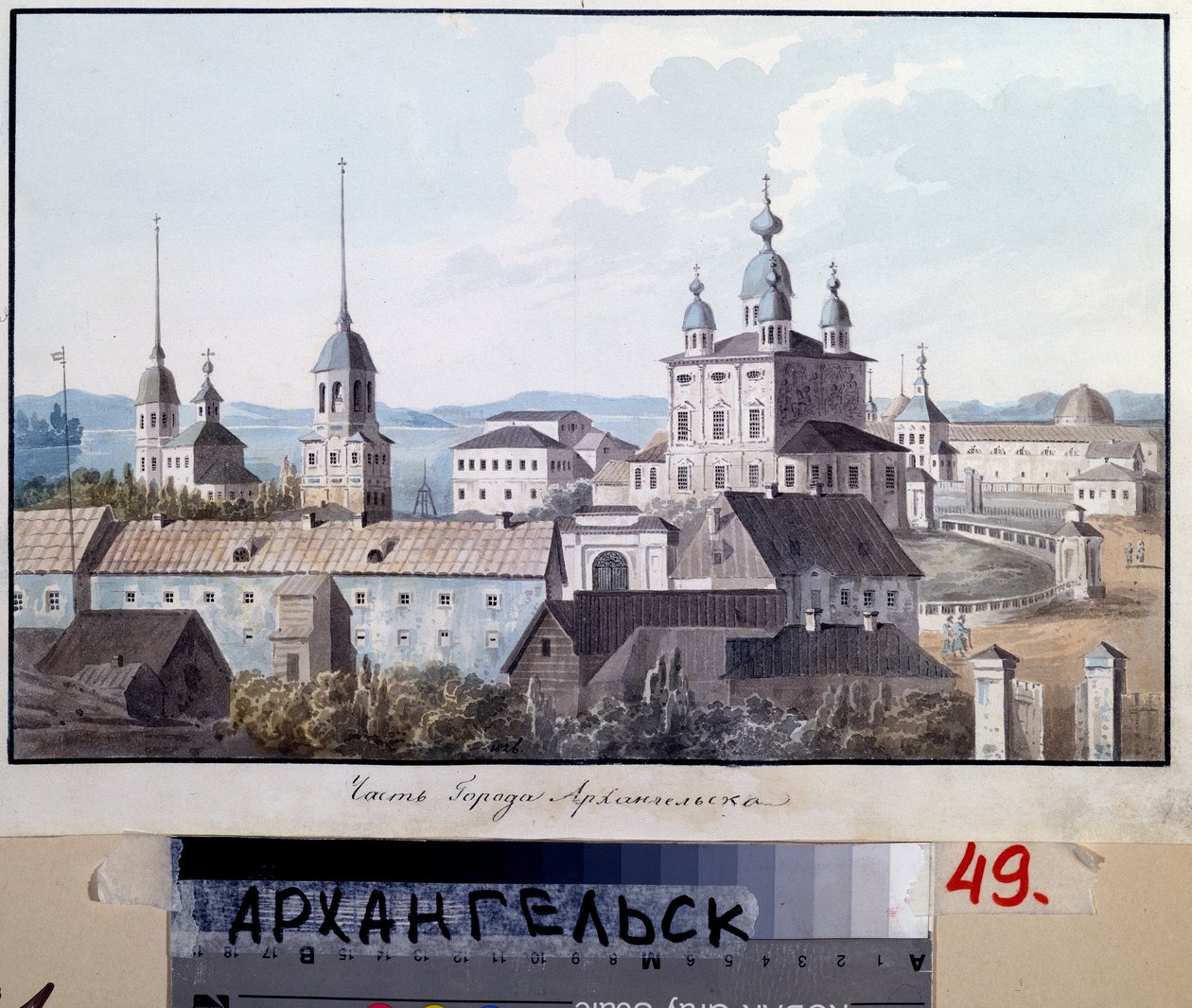 Utsikt over byen Arkhangelsk (Russland) (Utsikt over byen Arkhangelsk). Verk av Valeri Yemelyanovich Galyamin (1794-1855), akvarell på papir av Valeri Yemelyanovich Galyamin