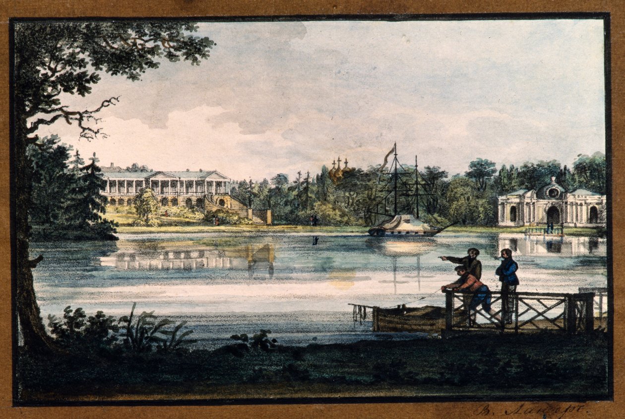 ""Cameron Gallery at the Catherine Palace in Tsarskoye Selo"" av Valerian Platonovich Langer (1799-1870), Litografi, akvarell, ca 1820, Statens friluftsmuseum Tsarskoye Selo, St. Petersburg av Valerian Platonovich Langer