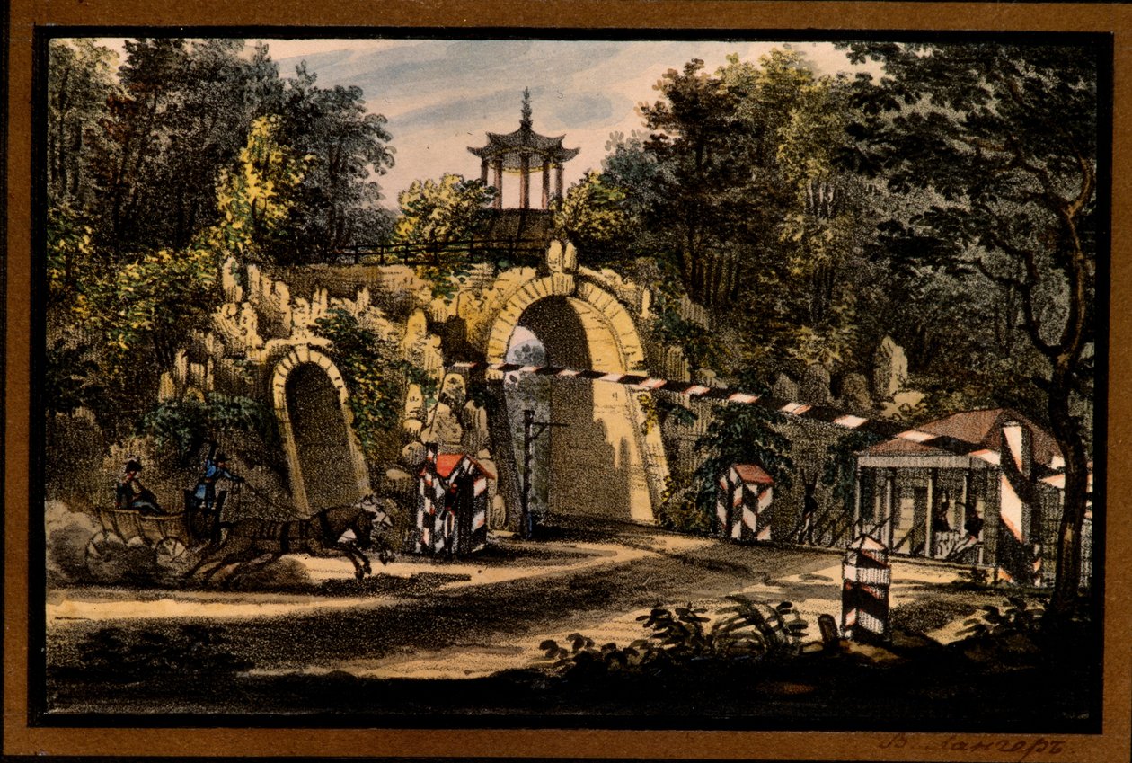 ""The Grand Caprice pavilion in the Catherine Park of Tsarskoye Selo"" av Valerian Platonovich Langer (1799-1870), Litografi, akvarell, ca 1820, Statens friluftsmuseum Tsarskoye Selo, St. Petersburg Â av Valerian Platonovich Langer