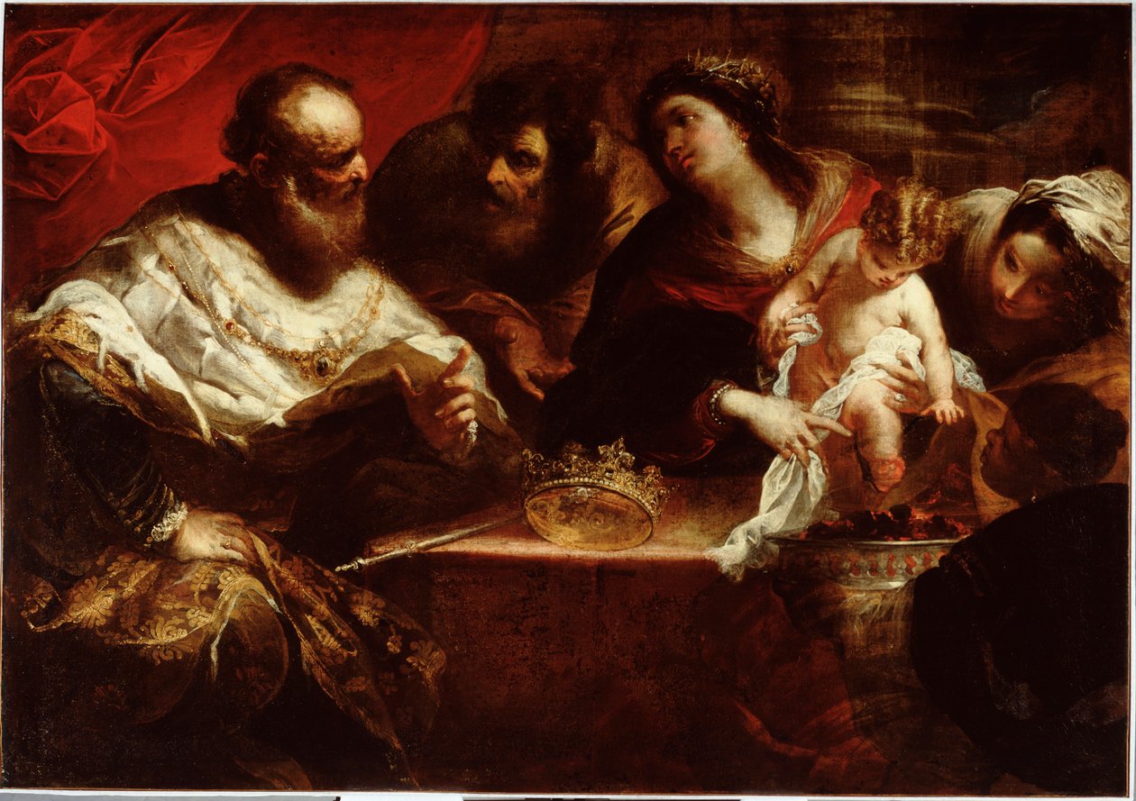 Moses og miraklet med å brenne kull Moses som barn, som hadde grepet faraoens krone, brenner seg selv ved å gripe et brennende kull, og beviser dermed at han bare ble tiltrukket av det som skinner - (Moses og det brennende kullet) Maleri av Valerio Castell av Valerio Castello