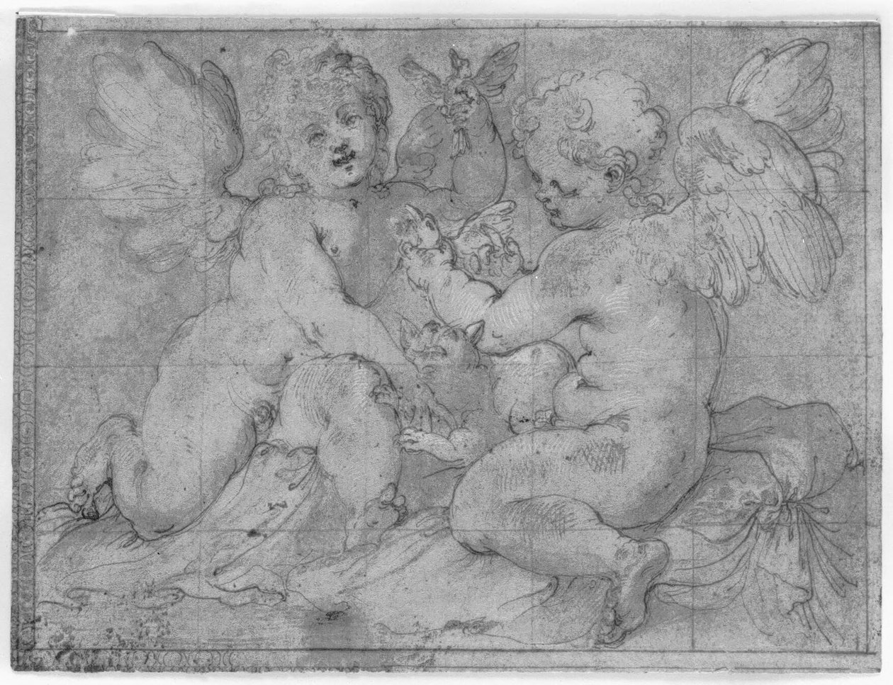 To putti som leker med en katt og to fugler av Valerio Castello