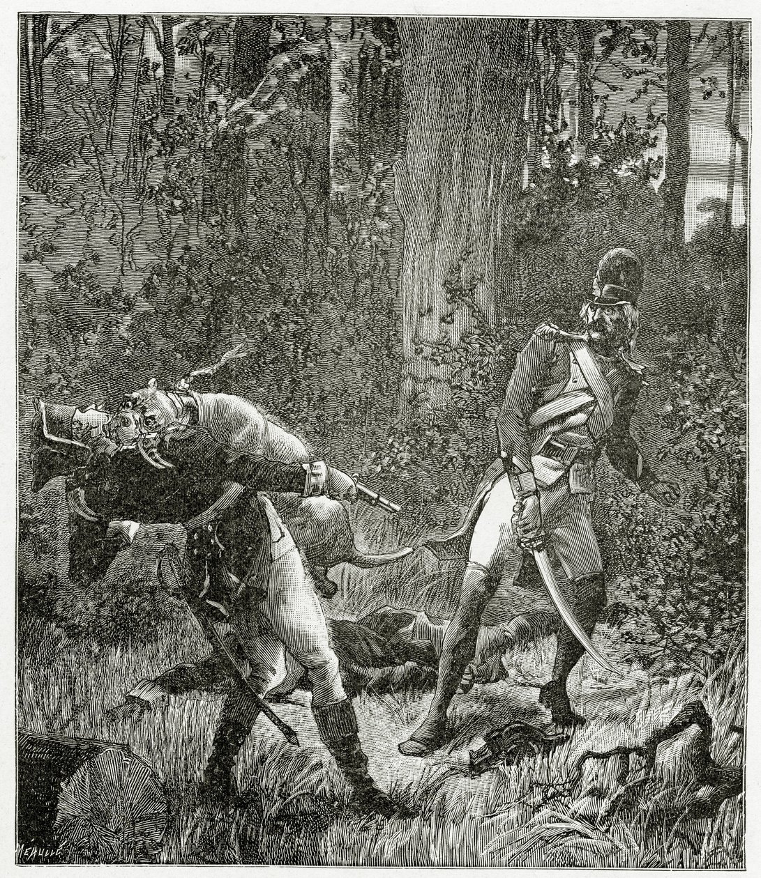 Rask hunden dreper en engelsk soldat - illustrasjon fra Bug-Jargal, gravering fra 1800-tallet bw av Valnay Pere et fils