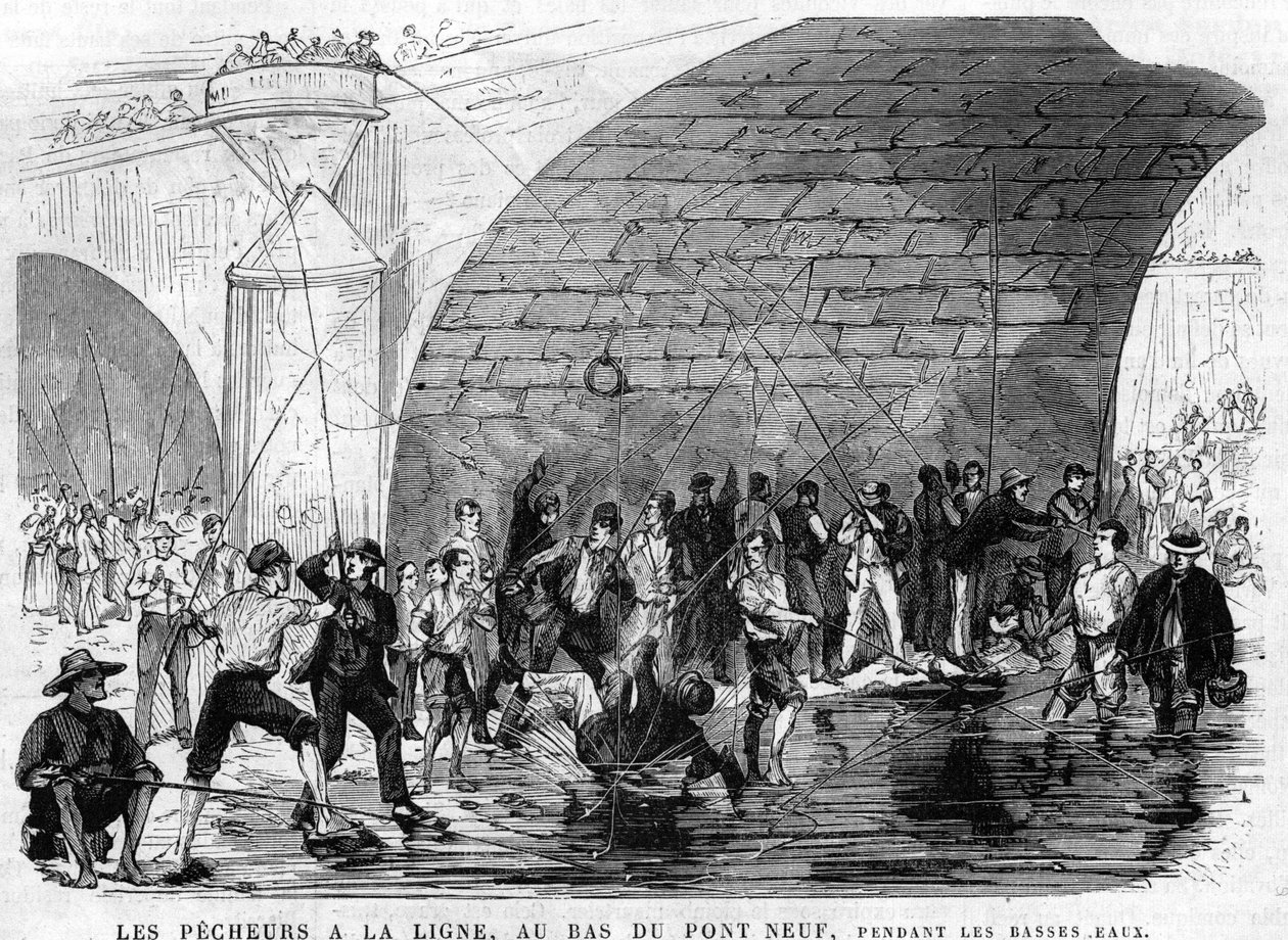 fiskeren har snøret i bunnen av broen ni i paris i 1868 under lavvannet. tegning av Desroches - Valnay. av Valnay Pere et fils