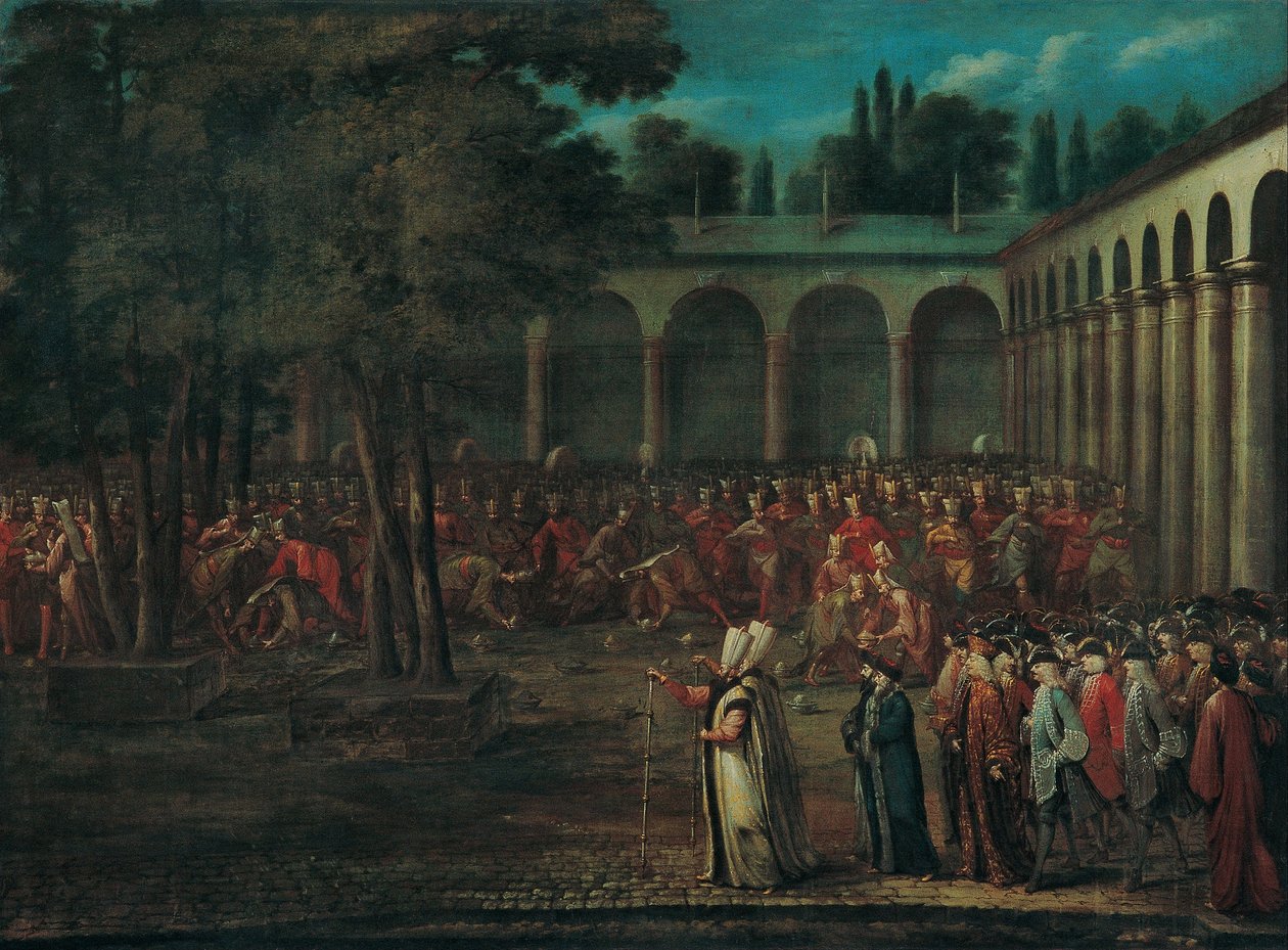 Ambassadørdelegasjonen passerer gjennom den andre gårdsplassen til Topkapı-palasset, 1720-tallet av Vanmour