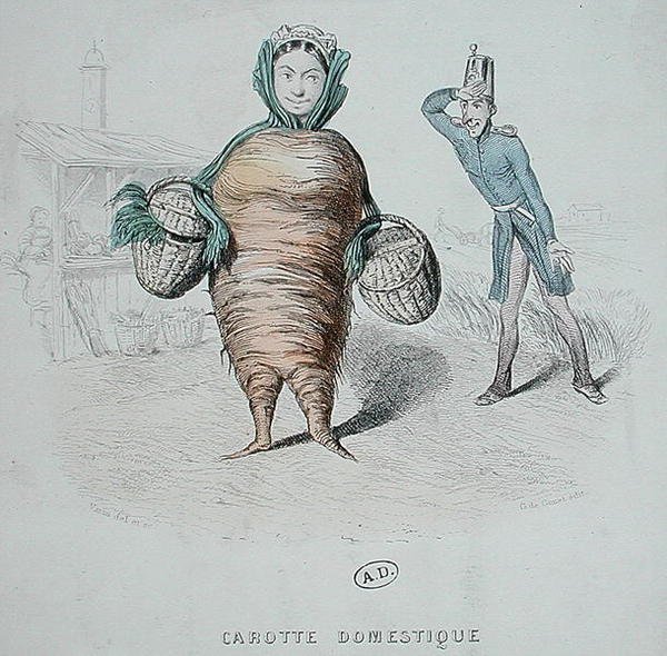 Tegneserie av en tjener som en gulrot (farge litho) av Varin Varin