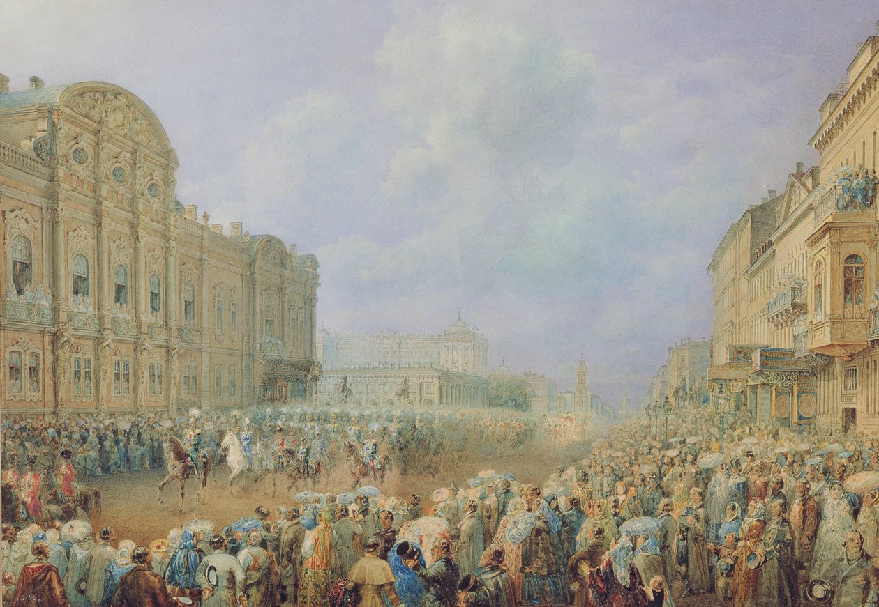 Militær gjennomgang på Nevsky Avenue ved Beloselsky-Belozersky-palasset, 1859 av Vasili Semenovich Sadovnikov