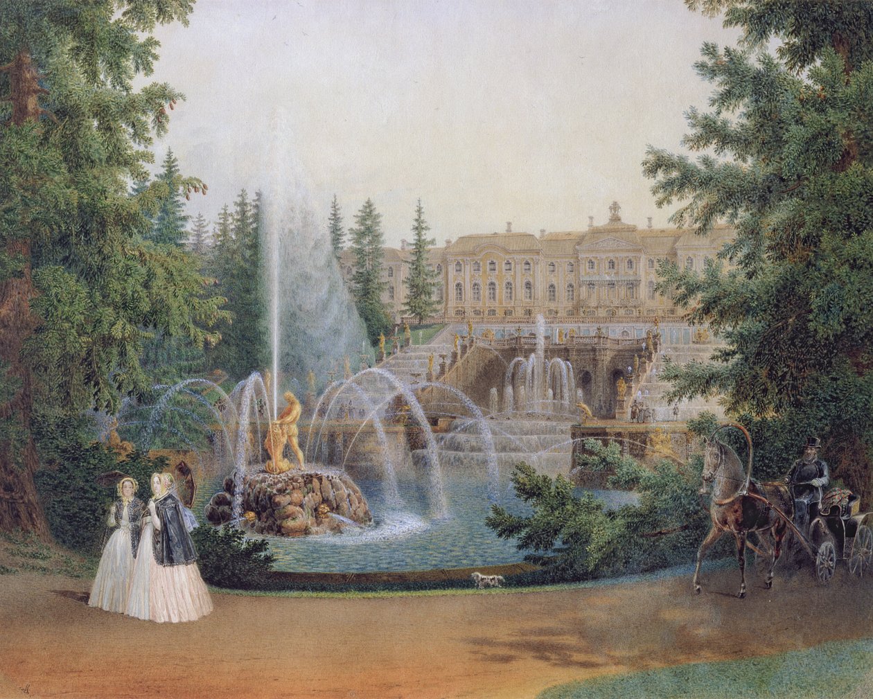 Utsikt over Marly Cascade fra den nedre hagen til Peterhof-palasset, ca. 1830-60 av Vasili Semenovich Sadovnikov