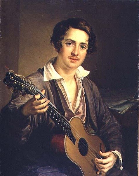 Gitarspilleren: Portrett av den virtuose gitaristen Vladimir Ivanovich Morkov (1803-64) 1839 (olje på lerret) av Vasili Andreevich Tropinin