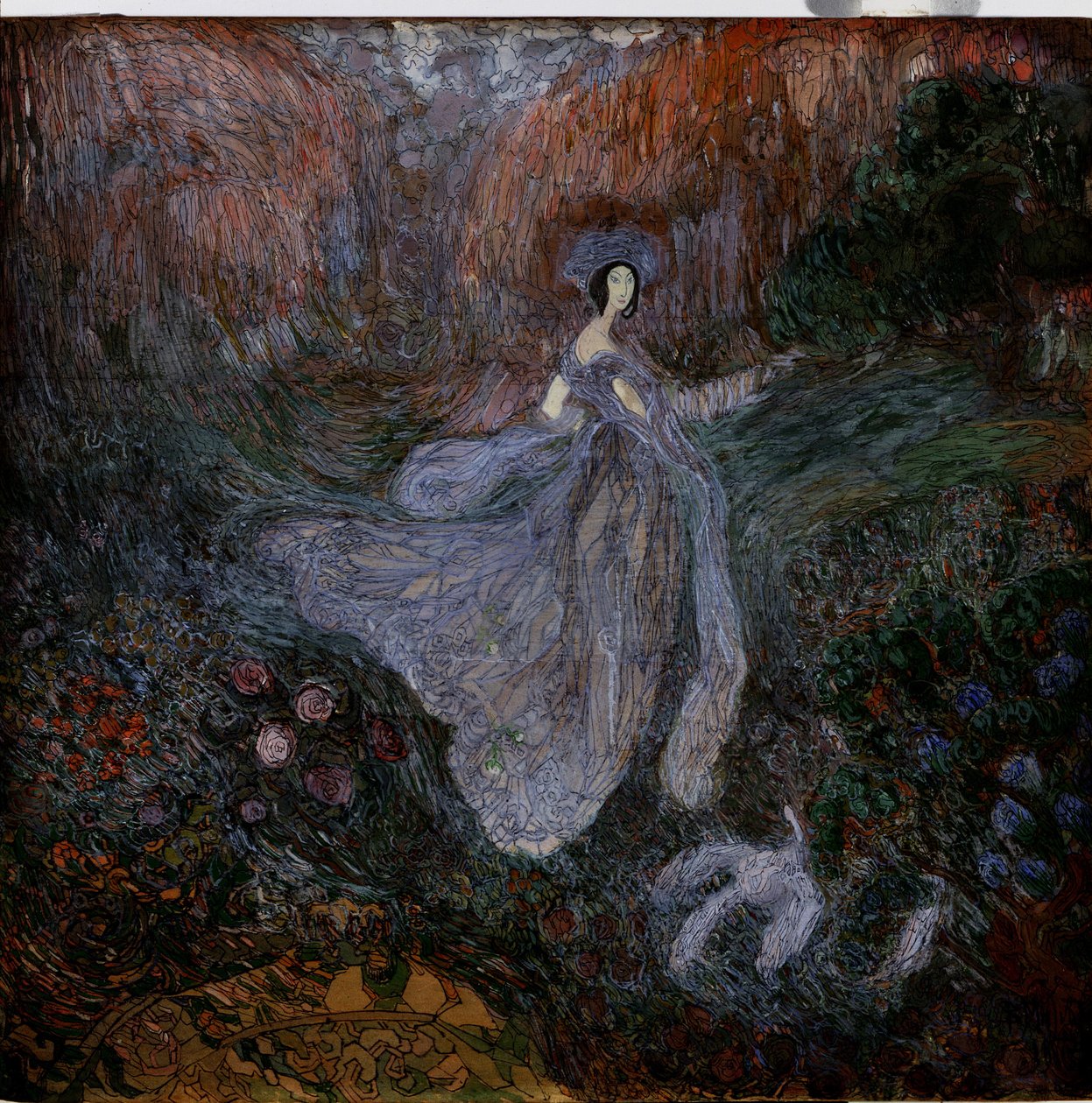 Morgen (morgen). En kvinne kledd i slør går mot en fugl på bakken, i en blomsterhage. Verk av Vasili Dmitrievich Millioti (1875-1943), akvarell, gouache og blekk på papir av Vasili Dmitrievich Millioti