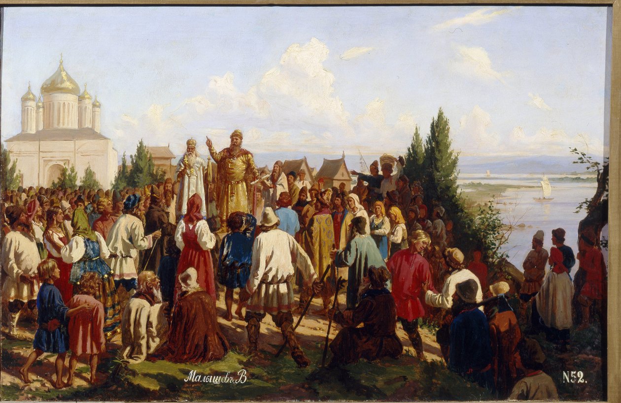 Storprinsen av Novgorod og Kiev, Yaroslav I Vladimirovich, kjent som den vise (978-1054), kunngjør den første juridiske koden Russkaya Pravda i 1019. (Storprins Yaroslav I The Wise kunngjør The First Code of Laws Russkaya Pravda i 1019) . Maling av av Vasili Georgievich Malyschev